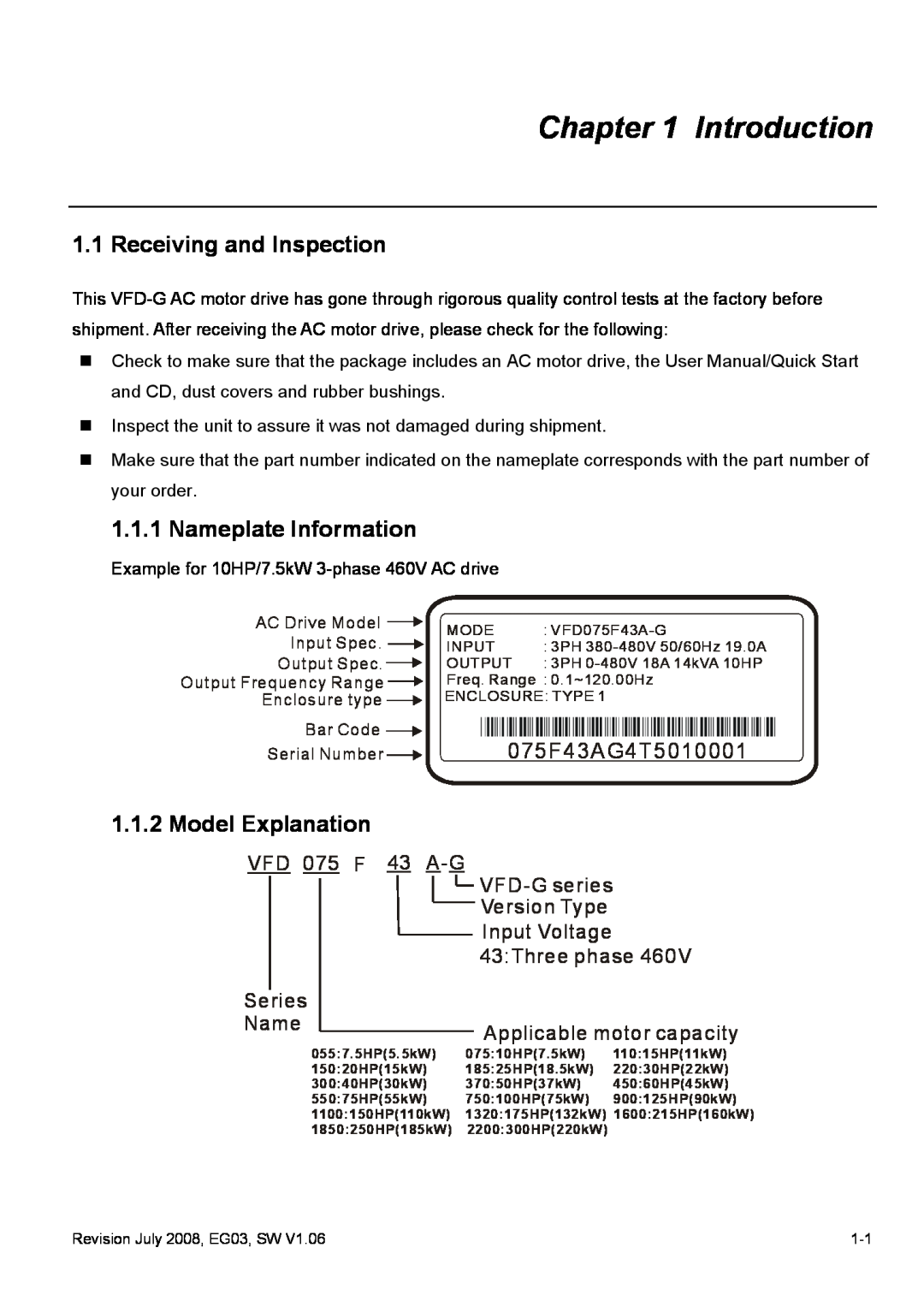 Delta Electronics VFD-G Introduction, Receiving and Inspection, Nameplate Information, 075F43AG4T5010001, VFD 075 F 43 A-G 