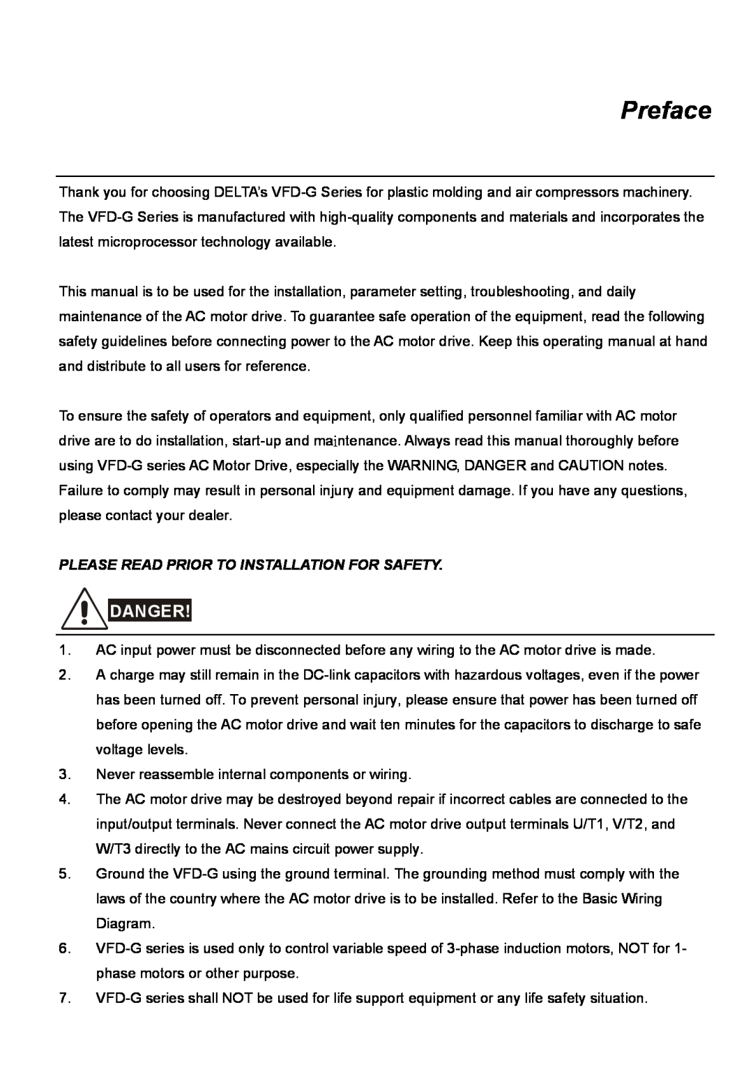Delta Electronics VFD-G manual Preface, Danger, Please Read Prior To Installation For Safety 