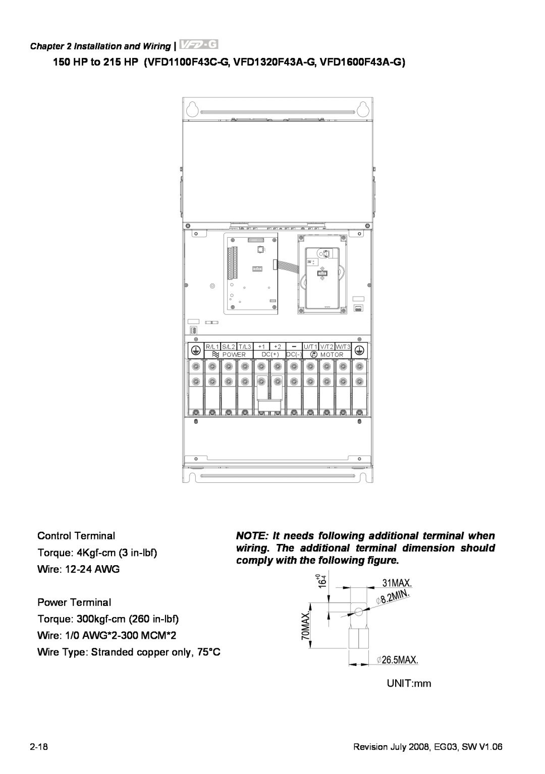 Delta Electronics VFD-G manual Installation and Wiring, 2-18, Revision July 2008, EG03, SW, R/L1 S/L2 T/L3, Power, Motor 