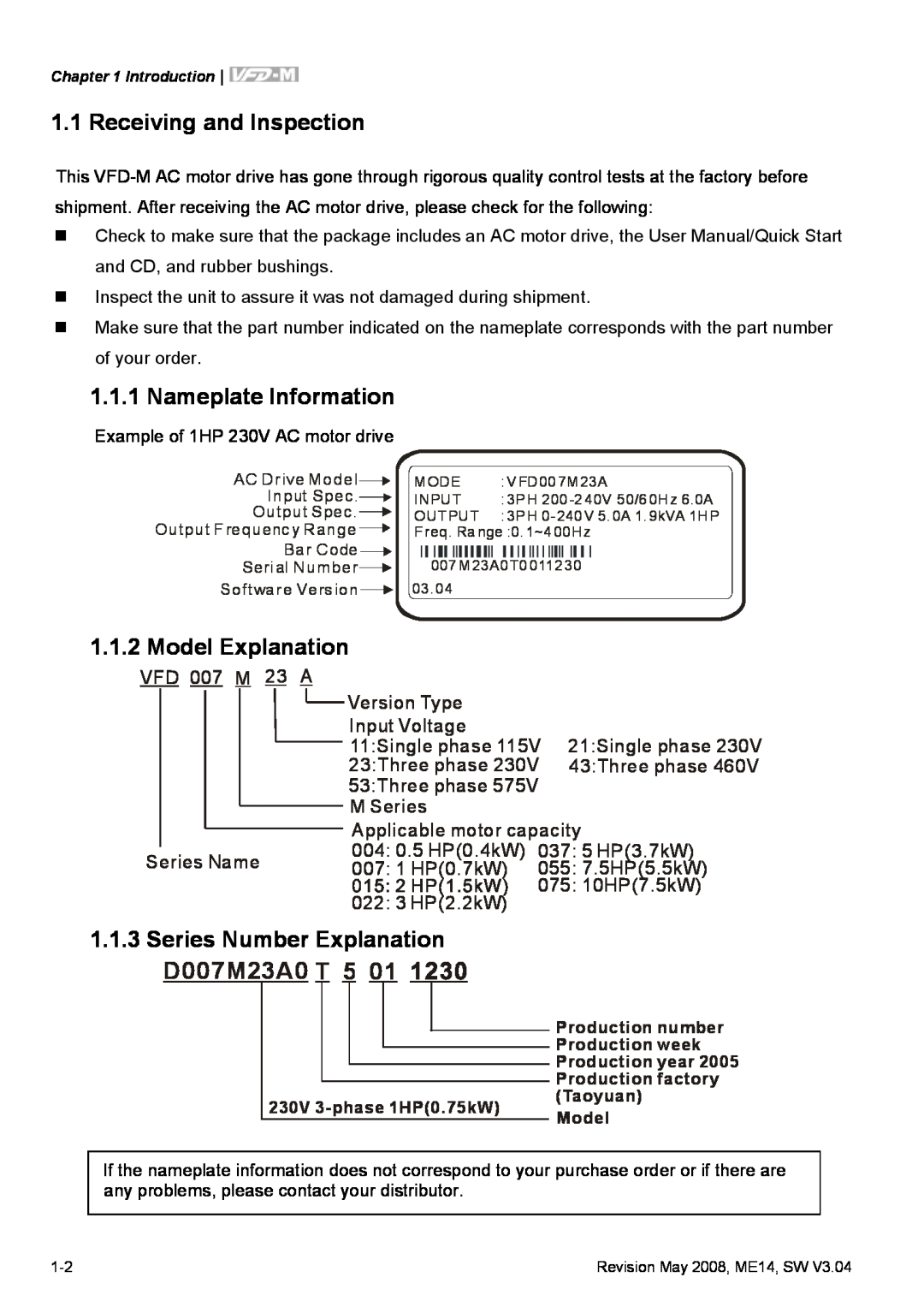 Delta Electronics VFD-M manual Receiving and Inspection, Nameplate Information, Model Explanation 