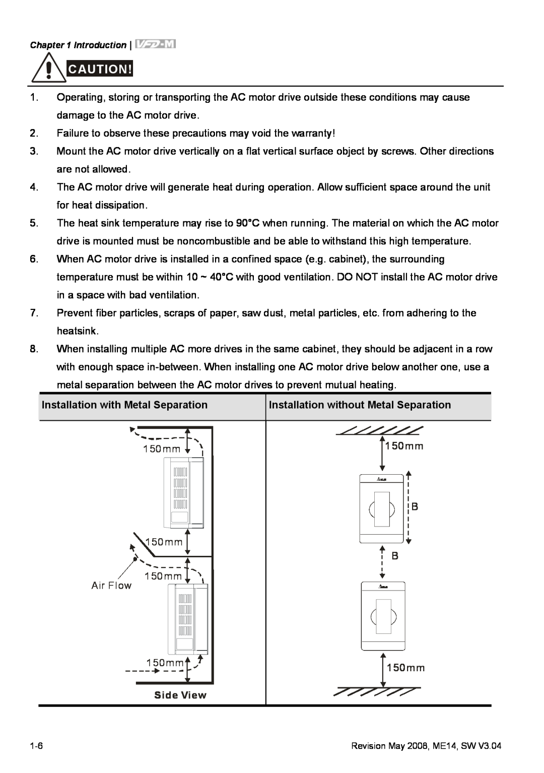 Delta Electronics VFD-M manual 150mm, Air Flow, B 1 50 mm B 1 50 mm, Side View 