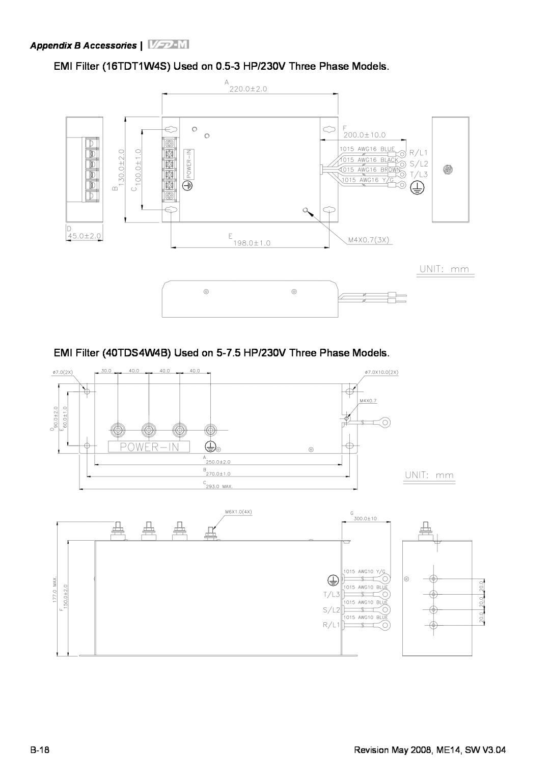 Delta Electronics VFD-M manual EMI Filter 16TDT1W4S Used on 0.5-3 HP/230V Three Phase Models, Appendix B Accessories, B-18 