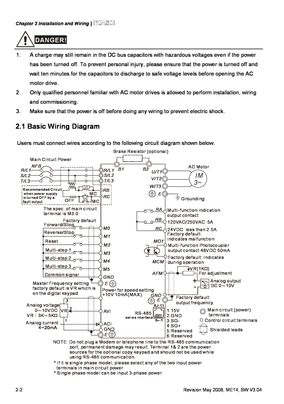 Delta Electronics VFD-M manual Basic Wiring Diagram, Danger 