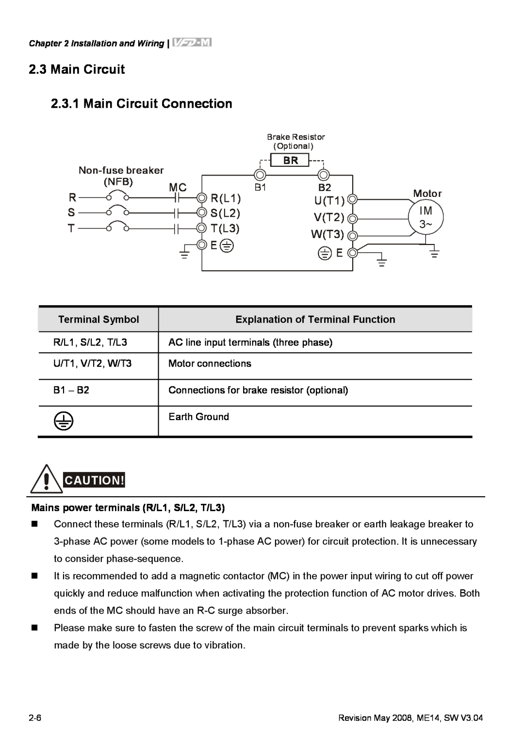 Delta Electronics VFD-M manual Main Circuit 2.3.1 Main Circuit Connection 
