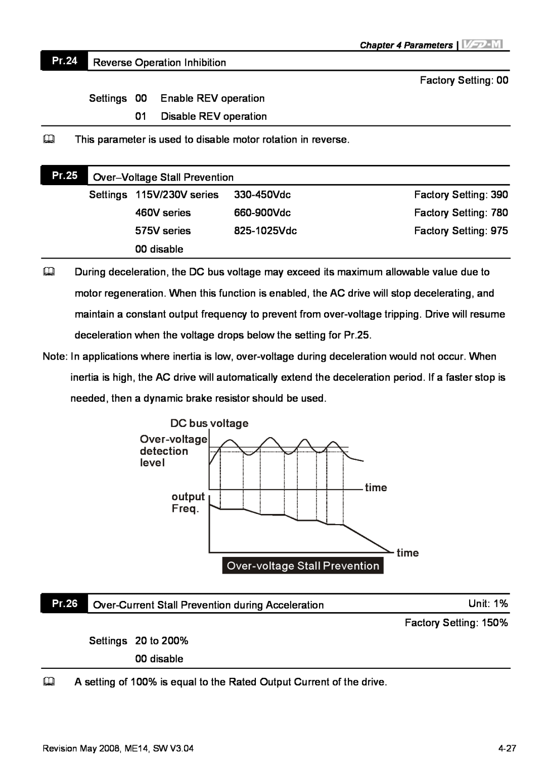 Delta Electronics VFD-M manual Pr.24, Reverse Operation Inhibition, Over-voltage Stall Prevention, Pr.26 
