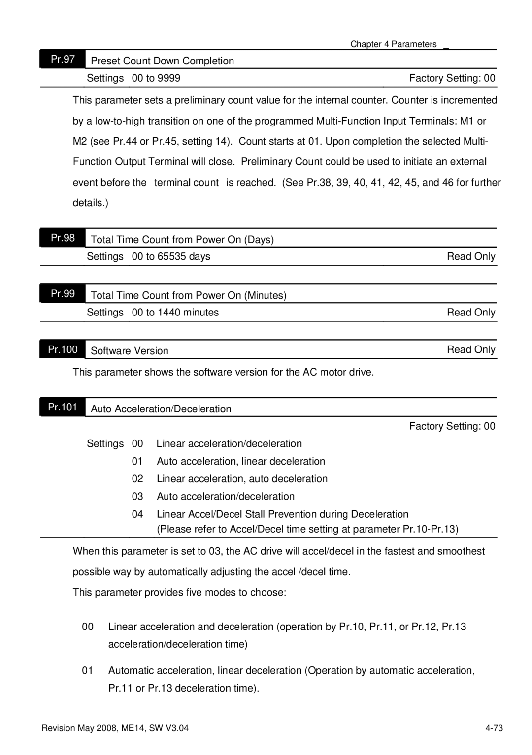 Delta Electronics VFD-M manual Pr.97, Pr.98, Pr.99, Pr.100, Pr.101 Auto Acceleration/Deceleration 