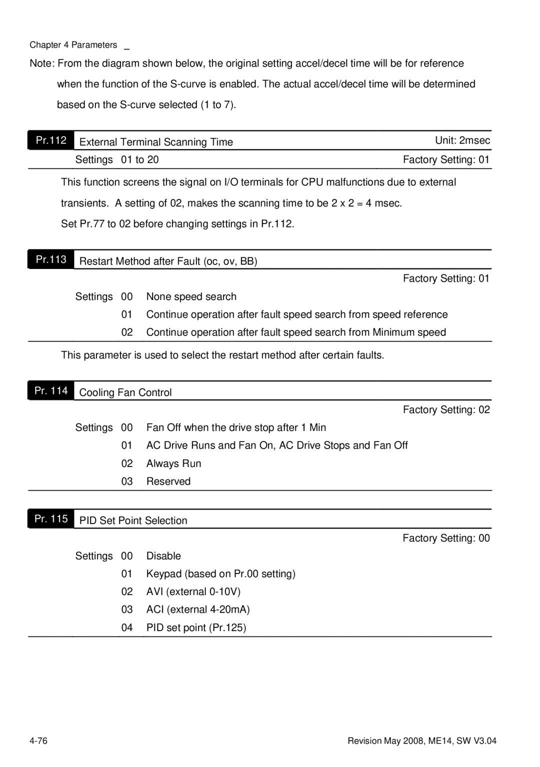 Delta Electronics VFD-M manual Pr.112, Pr.113, Cooling Fan Control 