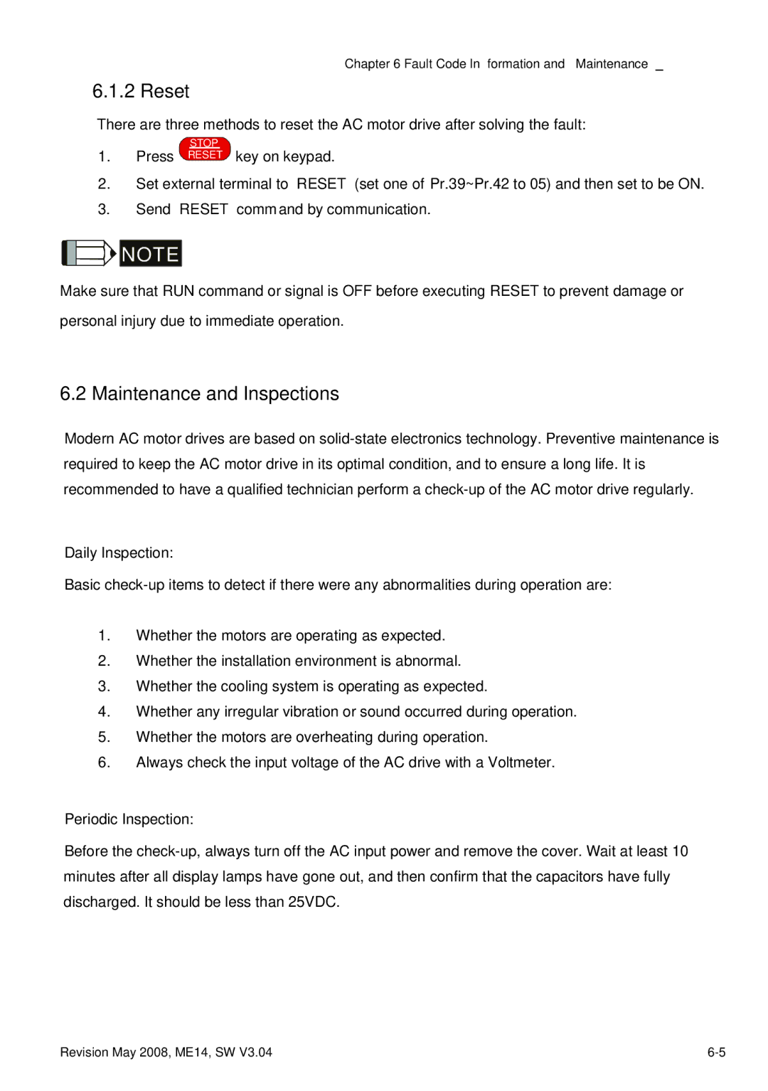 Delta Electronics VFD-M manual Reset, Maintenance and Inspections 