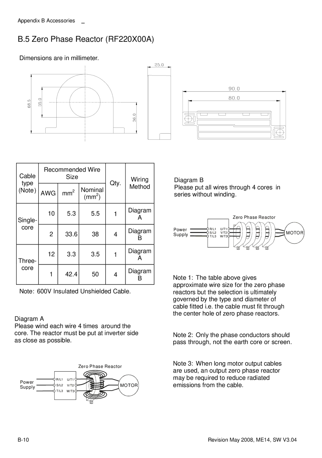 Delta Electronics VFD-M manual Zero Phase Reactor RF220X00A, Diagram a, Diagram B 