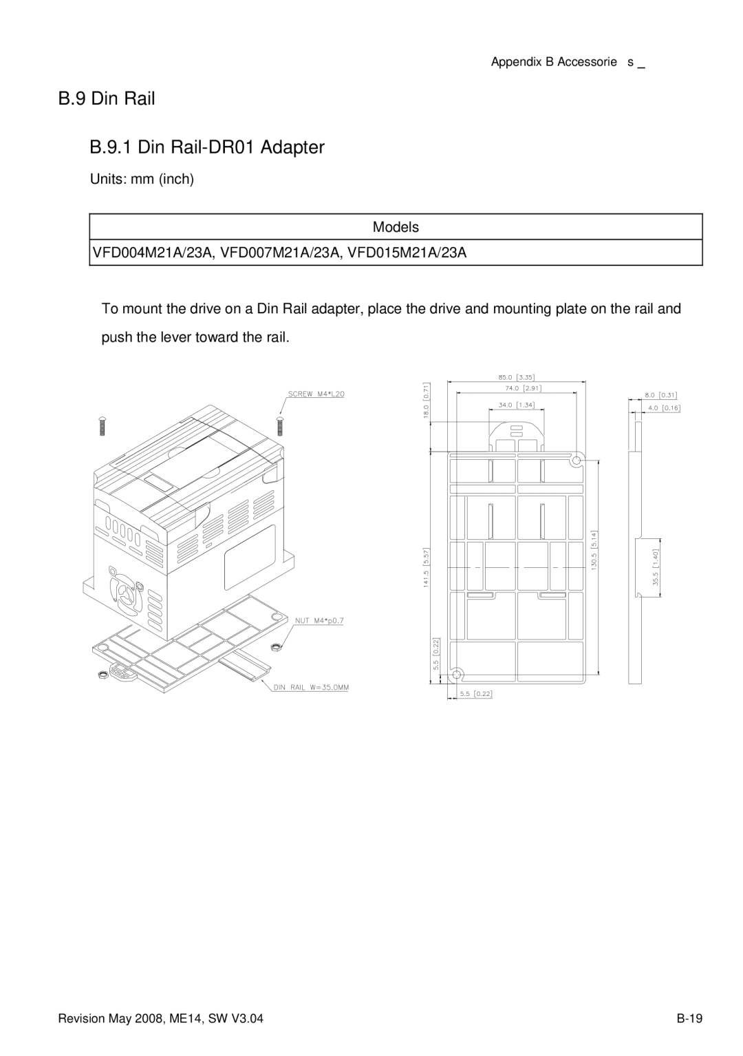 Delta Electronics VFD-M manual Din Rail Din Rail-DR01 Adapter 