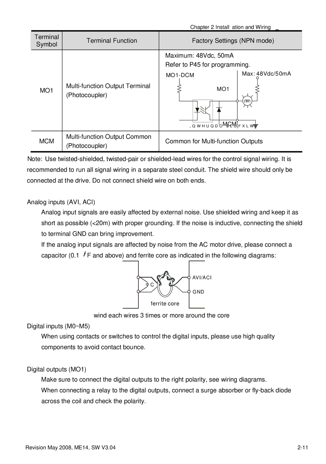 Delta Electronics VFD-M manual Mcm, Analog inputs AVI, ACI, Digital outputs MO1 