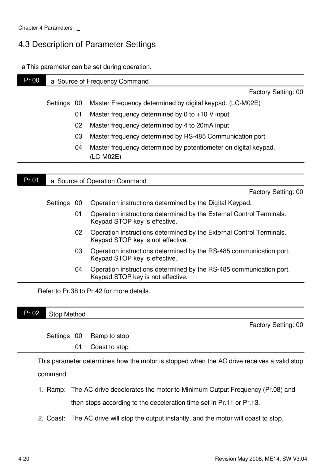 Delta Electronics VFD-M Description of Parameter Settings, Pr.00 Source of Frequency Command, Pr.01, Pr.02 Stop Method 