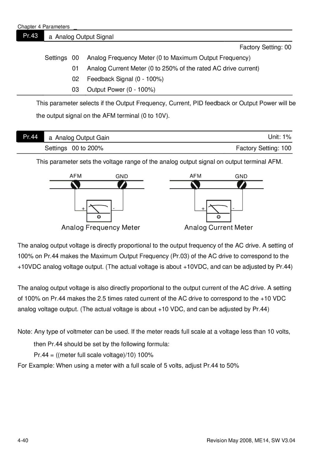 Delta Electronics VFD-M manual Pr.43 Analog Output Signal, Pr.44 