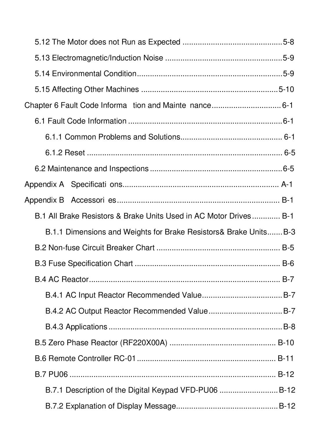 Delta Electronics VFD-M manual Fault Code Information and Maintenance, Appendix a Specifications Appendix B Accessories 