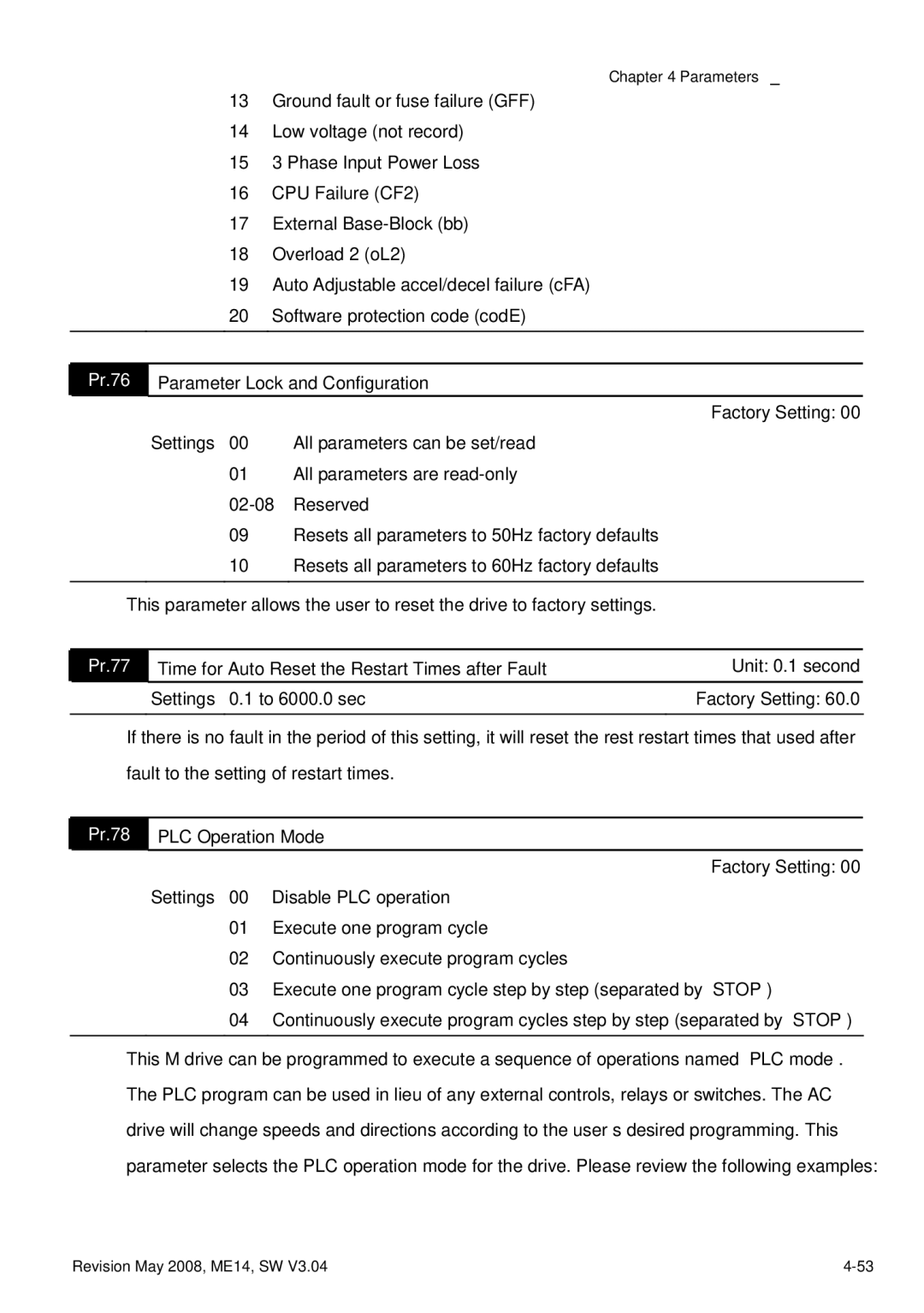 Delta Electronics VFD-M manual Pr.76 Parameter Lock and Configuration, Pr.77, Pr.78 PLC Operation Mode 