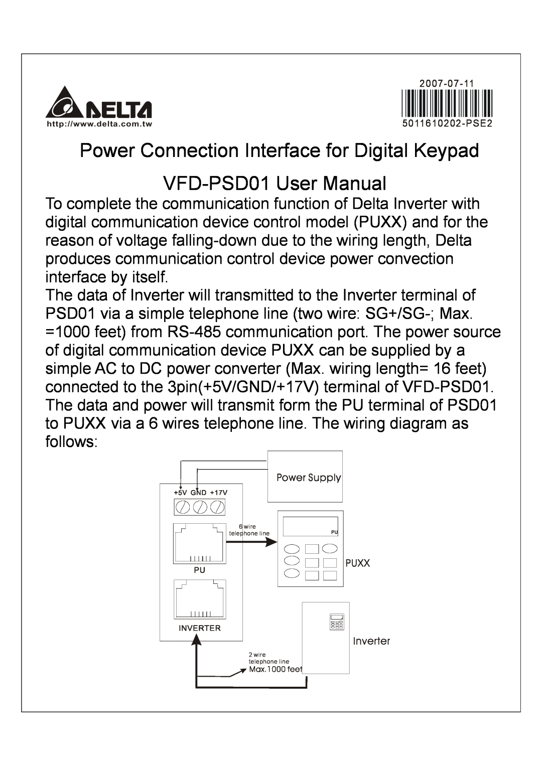 Delta Electronics user manual Power Connection Interface for Digital Keypad VFD-PSD01 User Manual 