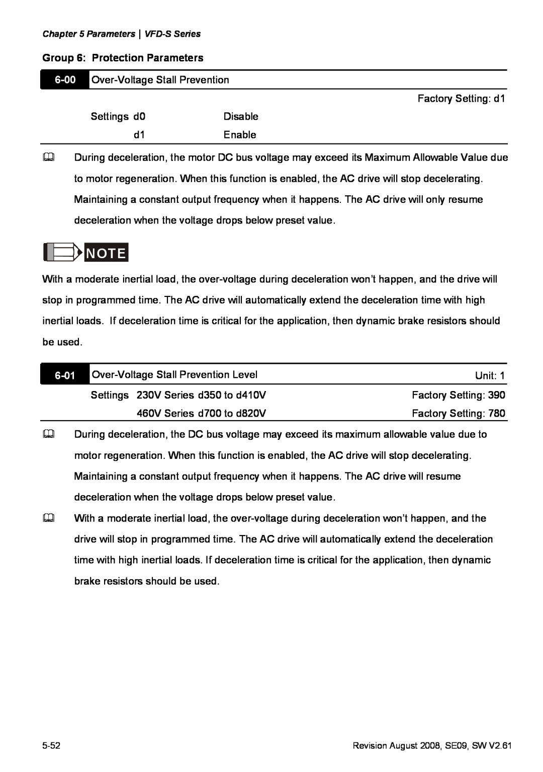 Delta Electronics VFD-S manual Group 6 Protection Parameters, 6-01 