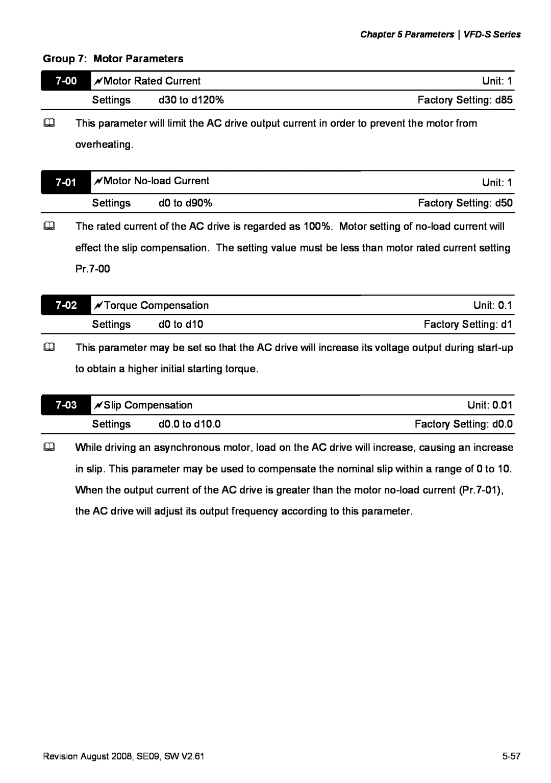 Delta Electronics VFD-S manual Group 7 Motor Parameters, 7-00, 7-01, 7-02, 7-03 