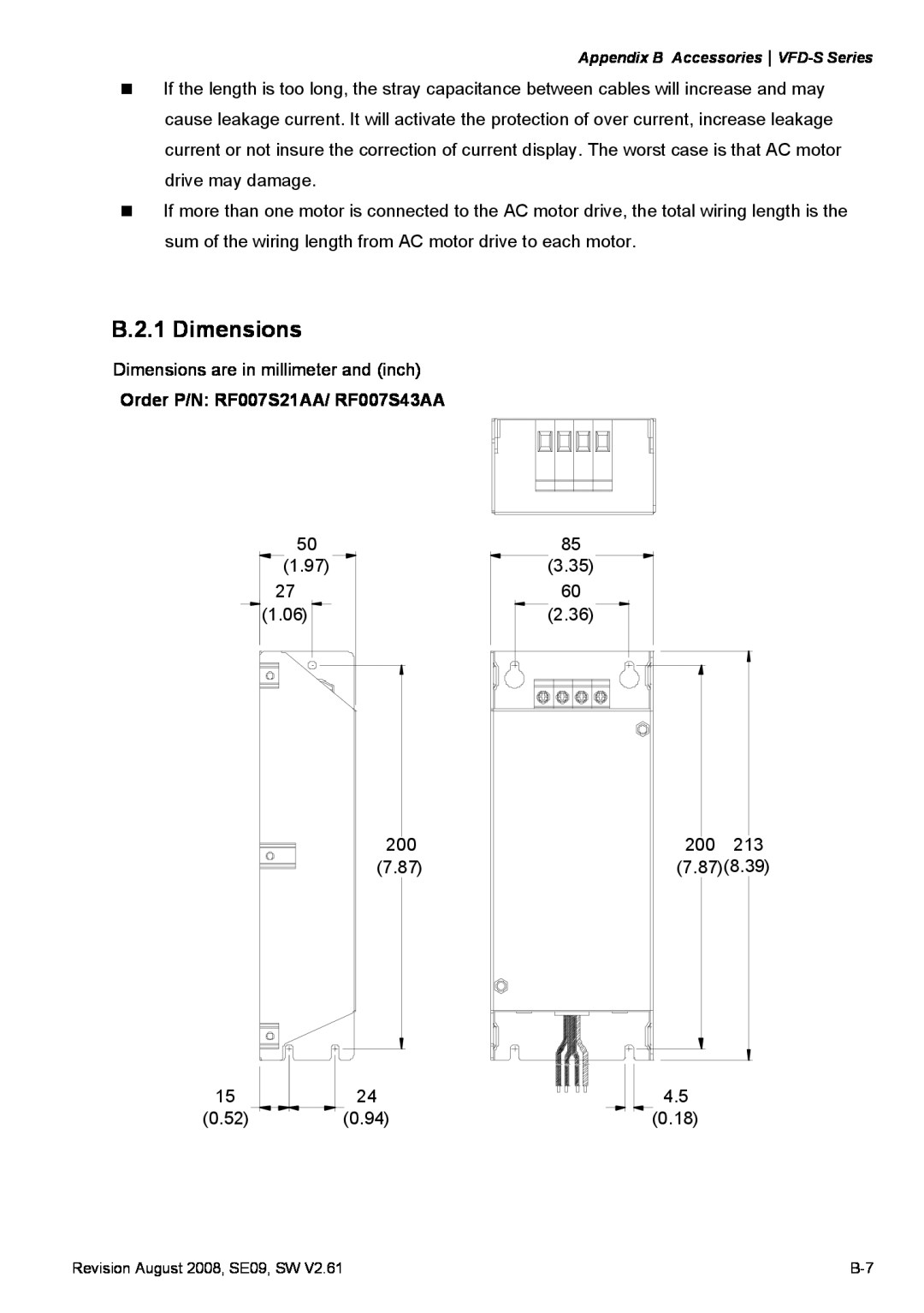 Delta Electronics VFD-S manual B.2.1 Dimensions, Order P/N RF007S21AA/ RF007S43AA 