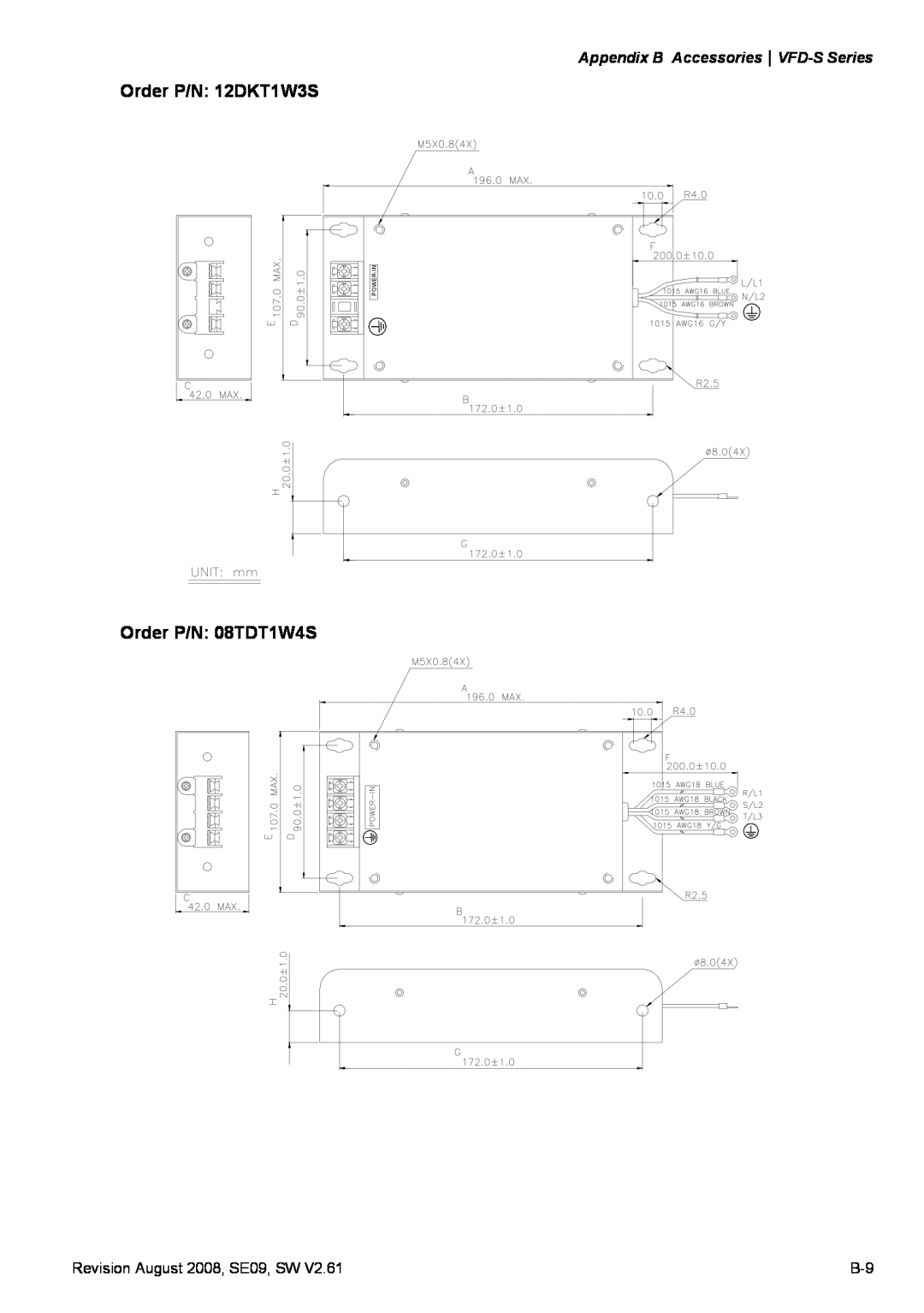 Delta Electronics manual Order P/N 12DKT1W3S, Order P/N 08TDT1W4S, Appendix B AccessoriesVFD-S Series, Power-In 