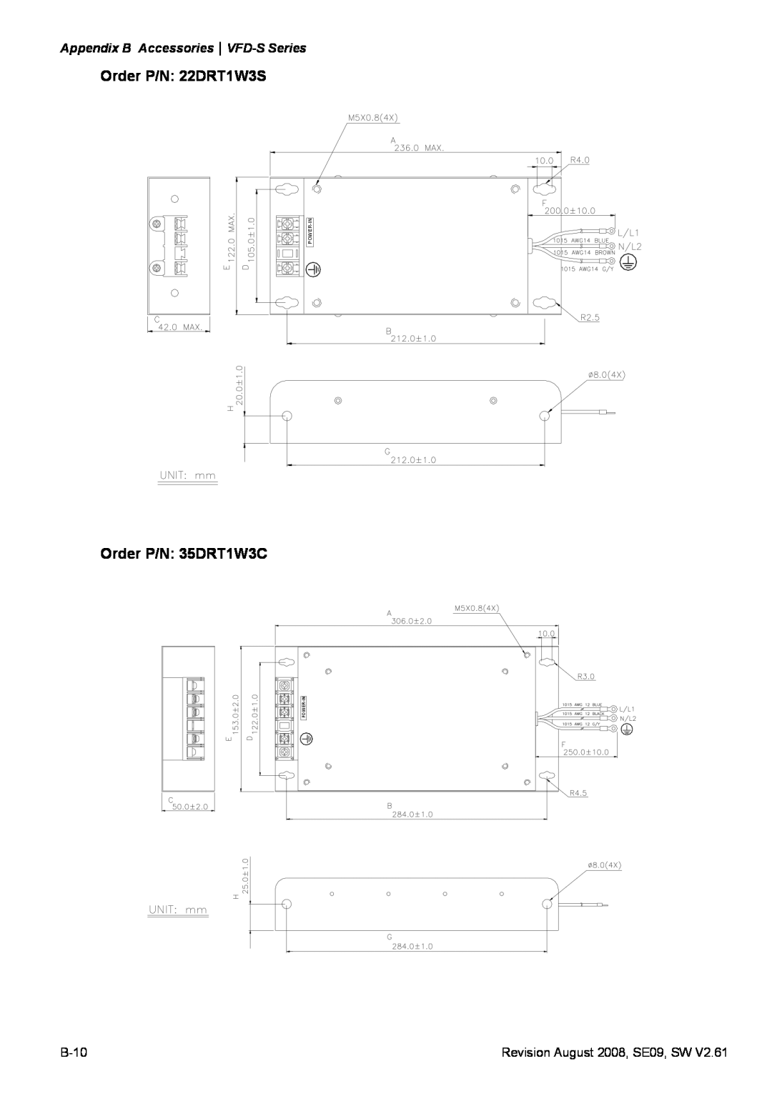 Delta Electronics manual Appendix B AccessoriesVFD-S Series, B-10, Revision August 2008, SE09, SW, Power-In 