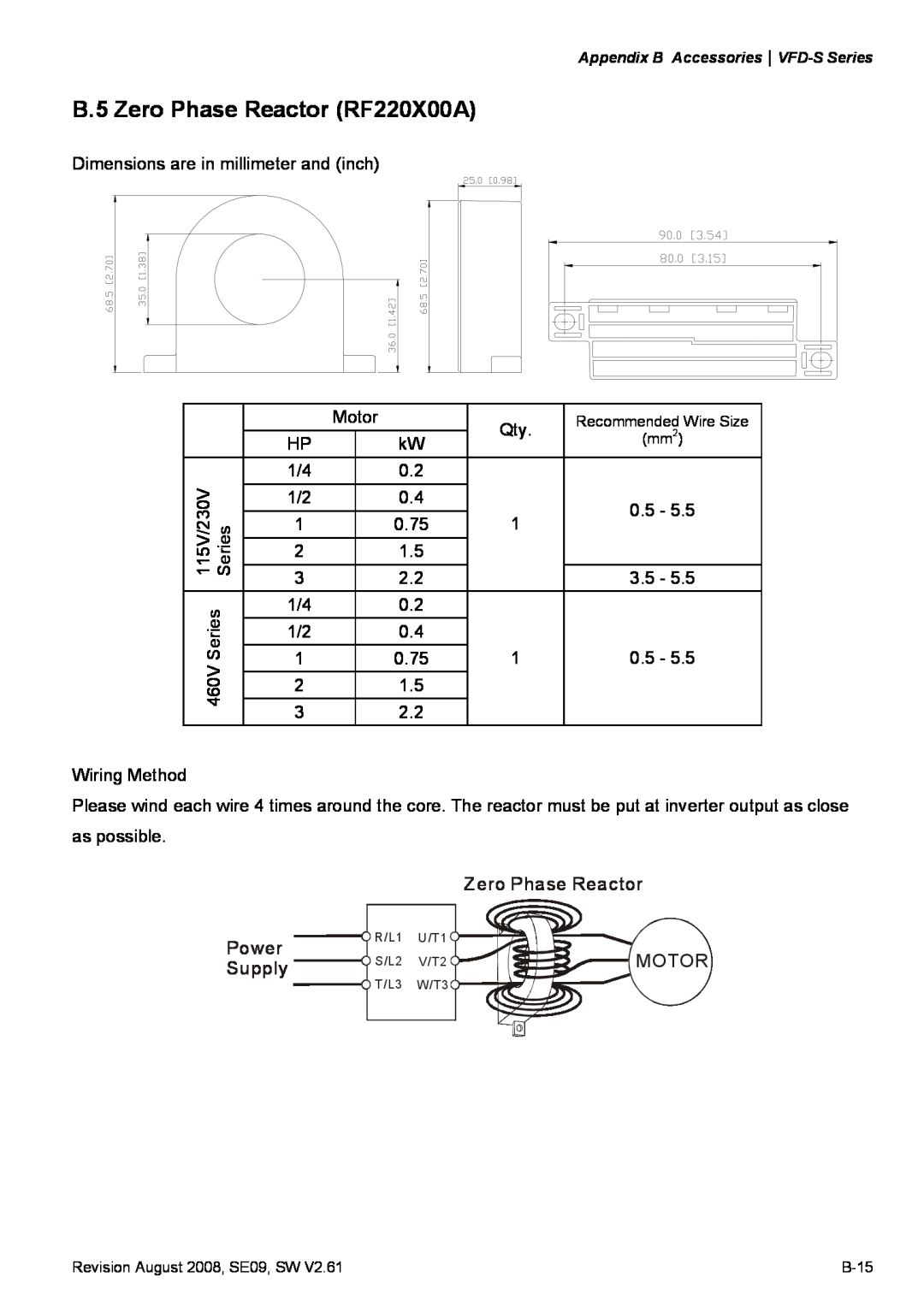 Delta Electronics VFD-S manual B.5 Zero Phase Reactor RF220X00A, Power, Supply 