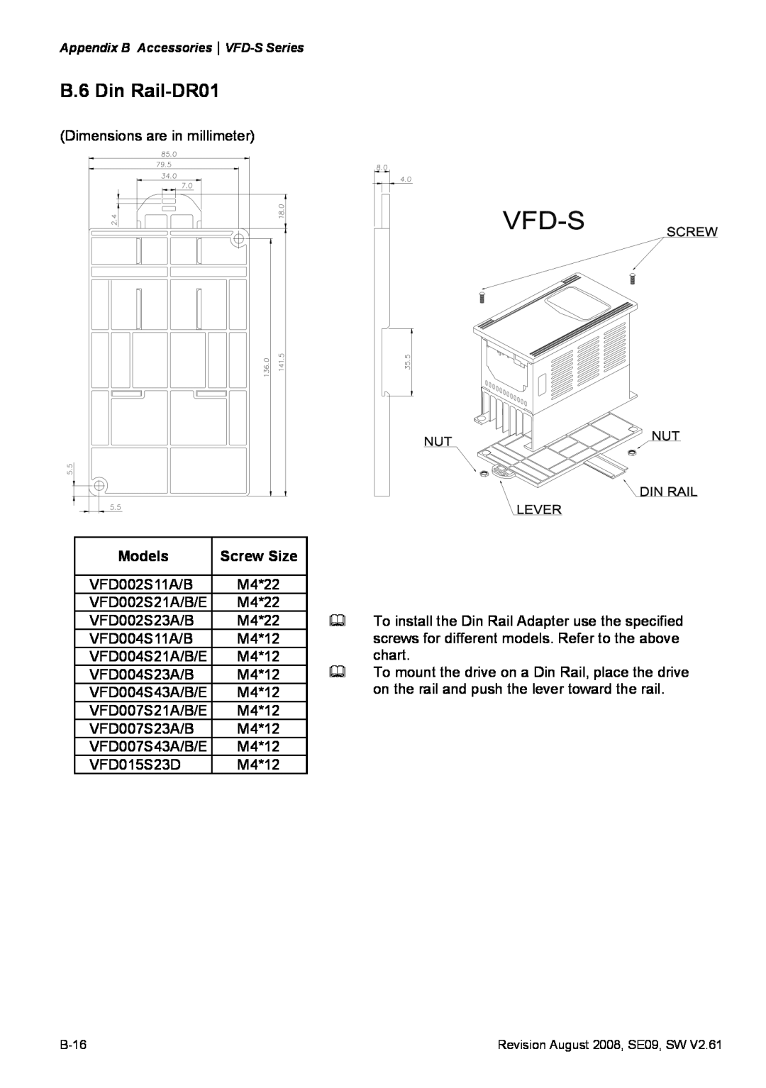 Delta Electronics VFD-S manual B.6 Din Rail-DR01, Models, Screw Size 