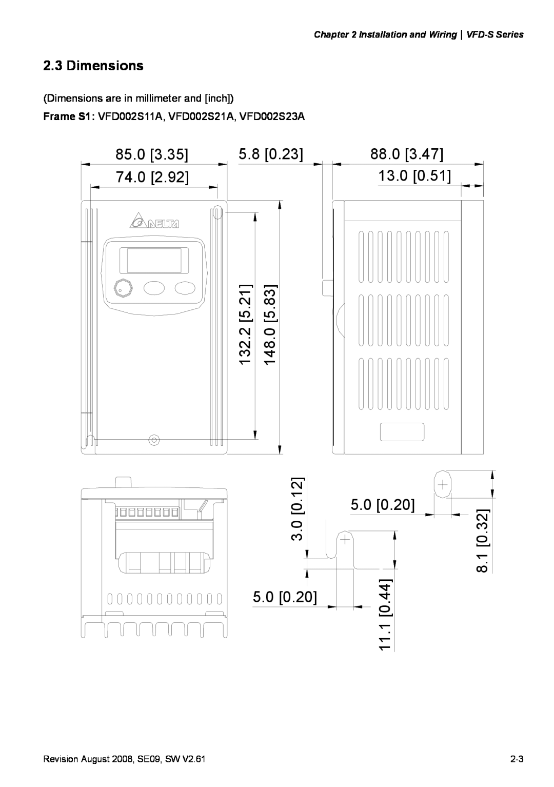 Delta Electronics VFD-S manual Dimensions are in millimeter and inch, Frame S1 VFD002S11A, VFD002S21A, VFD002S23A 