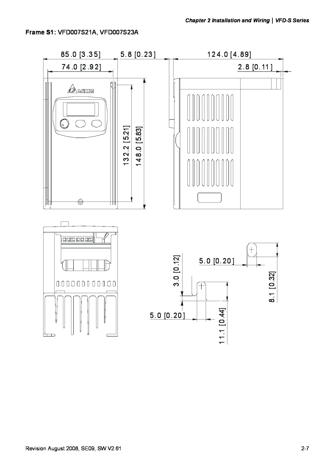 Delta Electronics VFD-S manual 85 .0 3 .3 74 .0 2 .9, 5. 8 0, 12 4. 0 4 2. 8 0 5. 0 0, 2.25.21, 8.05.83, 3.0 0, 8.1 1 