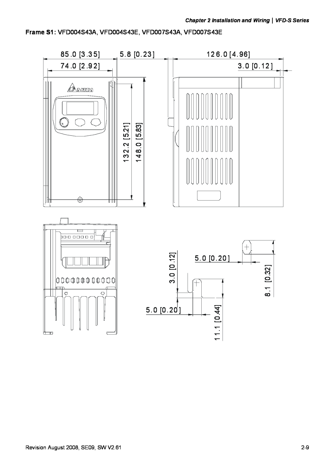 Delta Electronics VFD-S manual 3 .3, 5. 8 0, 2 .9, 12 6. 0 4 3. 0 0 5. 0 0, 13 2.2 5.21 14 8.0 3.0 0, 8.1 1 1.1 