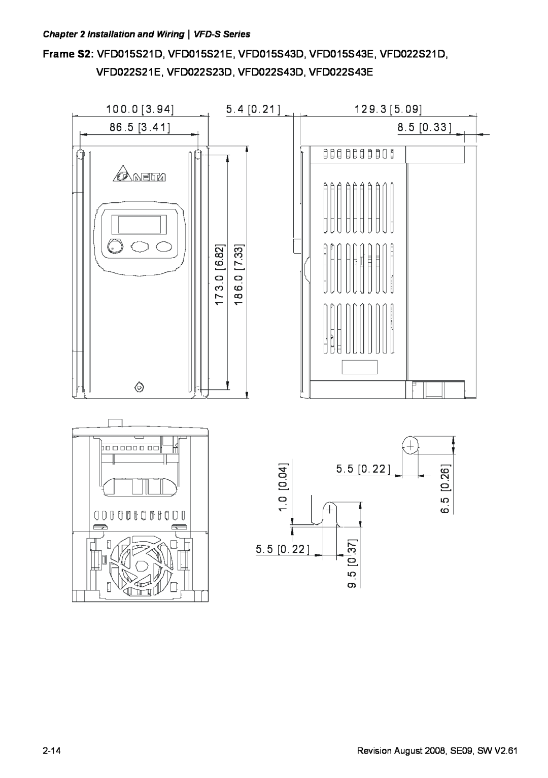Delta Electronics 5. 4 0, 5. 5 0, 12 9. 3 5 8. 5 0, 86 .5 3 .4, 0.26, 9.50.37, Installation and WiringVFD-S Series 