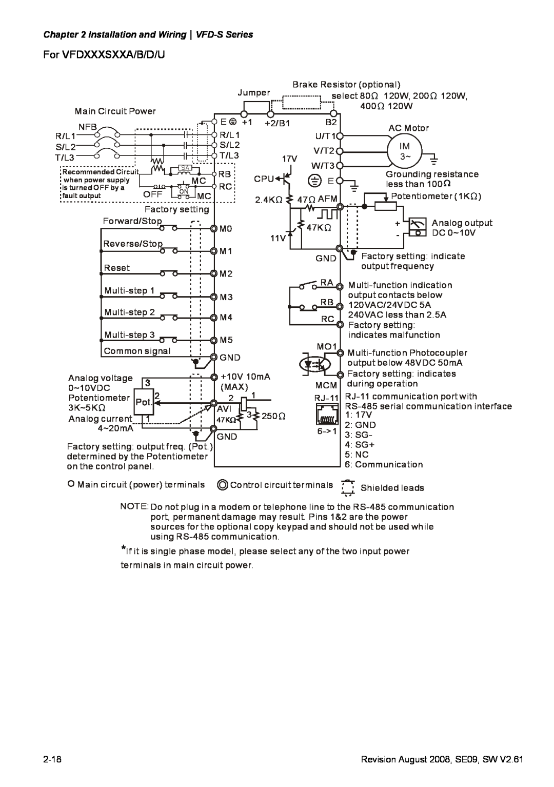 Delta Electronics For VFDXXXSXXA/B/D/U, Installation and WiringVFD-S Series, Recommended Circuit, when power supply 