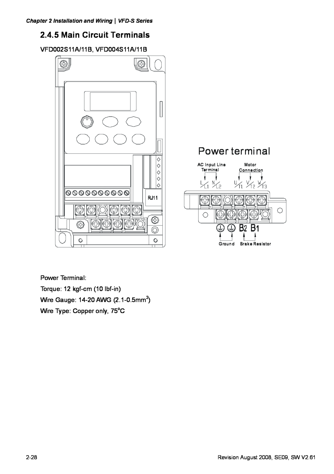 Delta Electronics Power terminal, Main Circuit Terminals, Installation and WiringVFD-S Series, 2-28, AC Input Line 