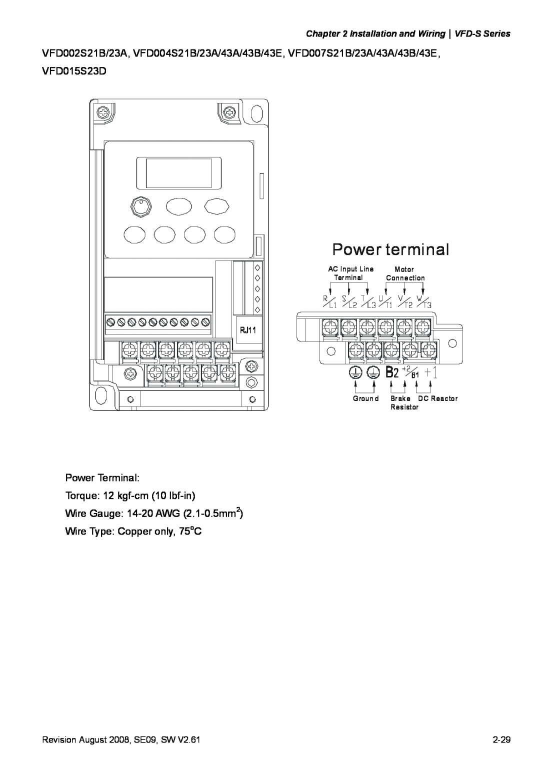 Delta Electronics Power terminal, Installation and WiringVFD-S Series, Revision August 2008, SE09, SW, 2-29, Motor 