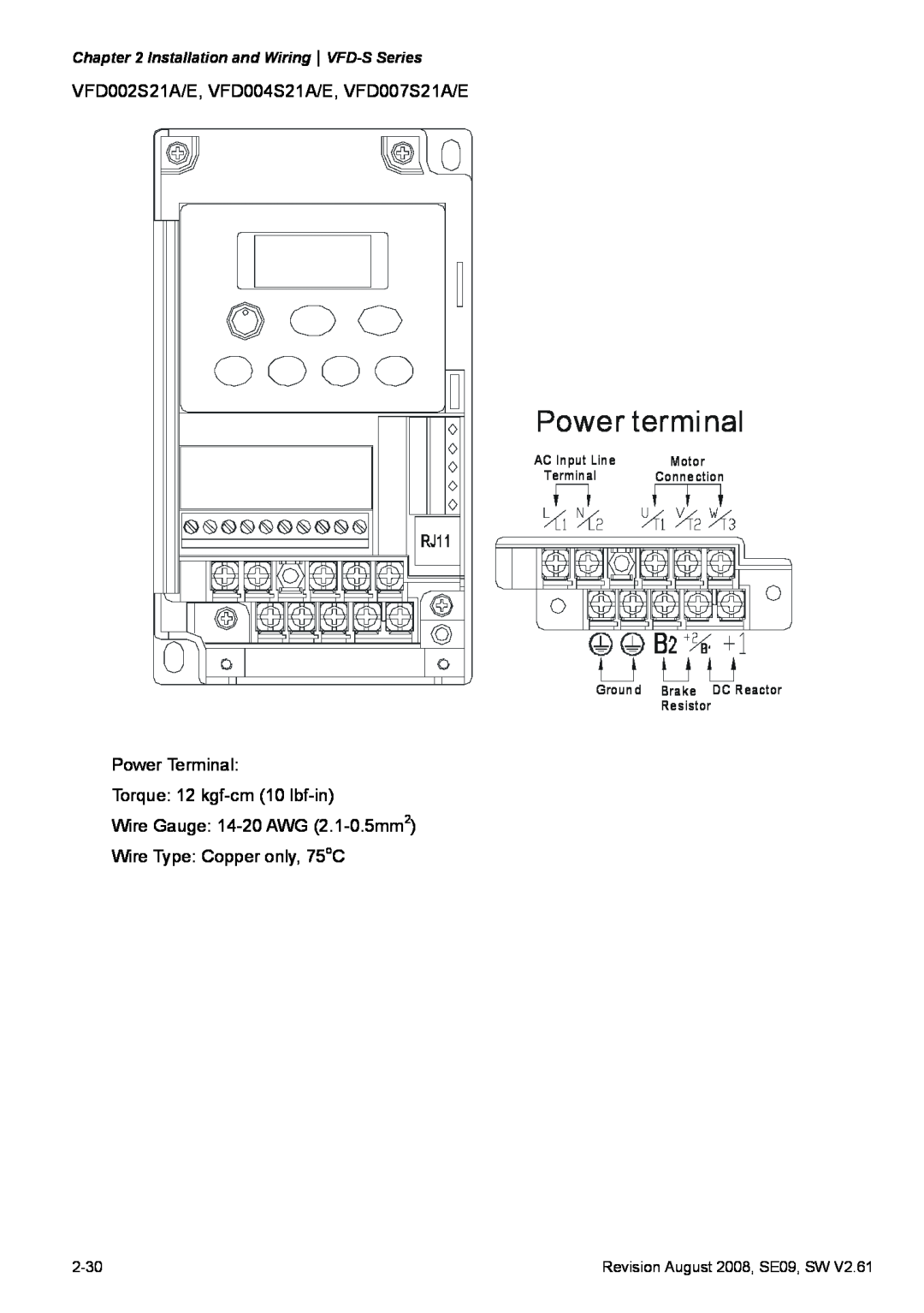 Delta Electronics Power terminal, Installation and WiringVFD-S Series, 2-30, Revision August 2008, SE09, SW, Motor 