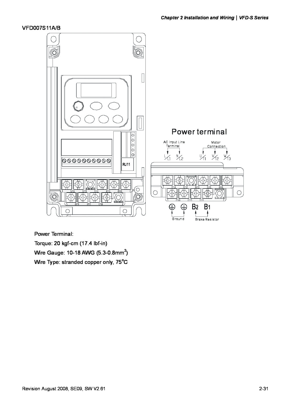 Delta Electronics Power terminal, Installation and WiringVFD-S Series, Revision August 2008, SE09, SW, 2-31, Motor 