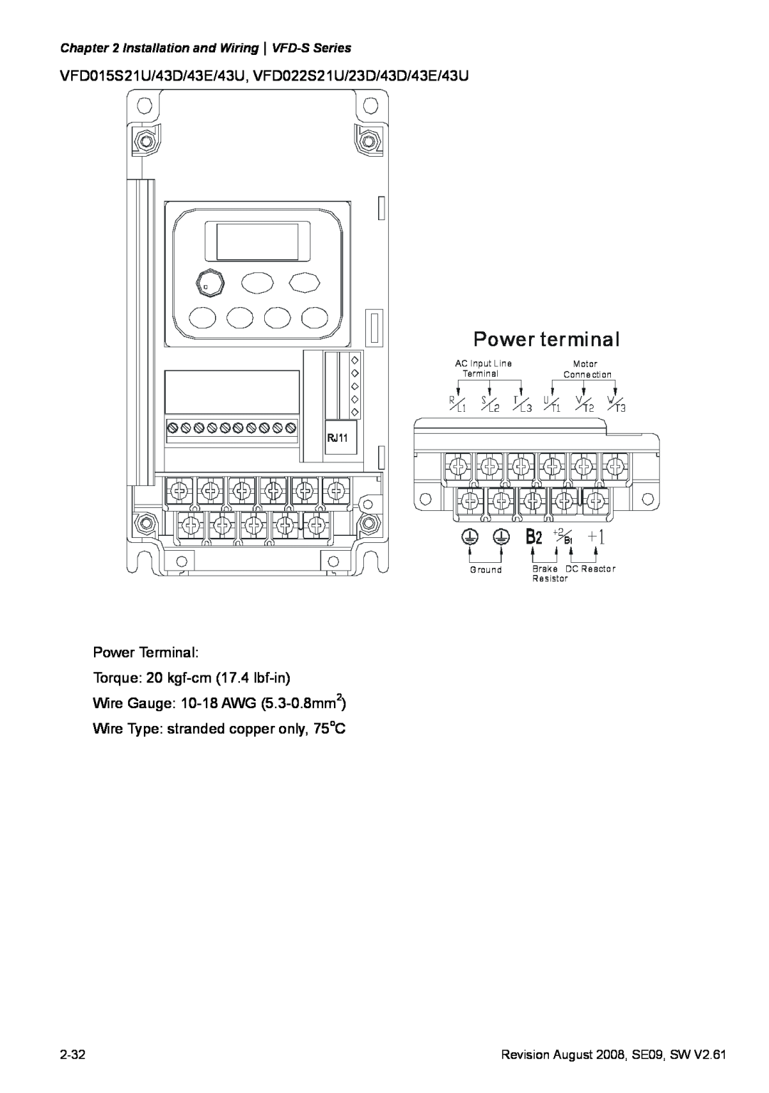 Delta Electronics Power terminal, Installation and WiringVFD-S Series, 2-32, Revision August 2008, SE09, SW, Motor 