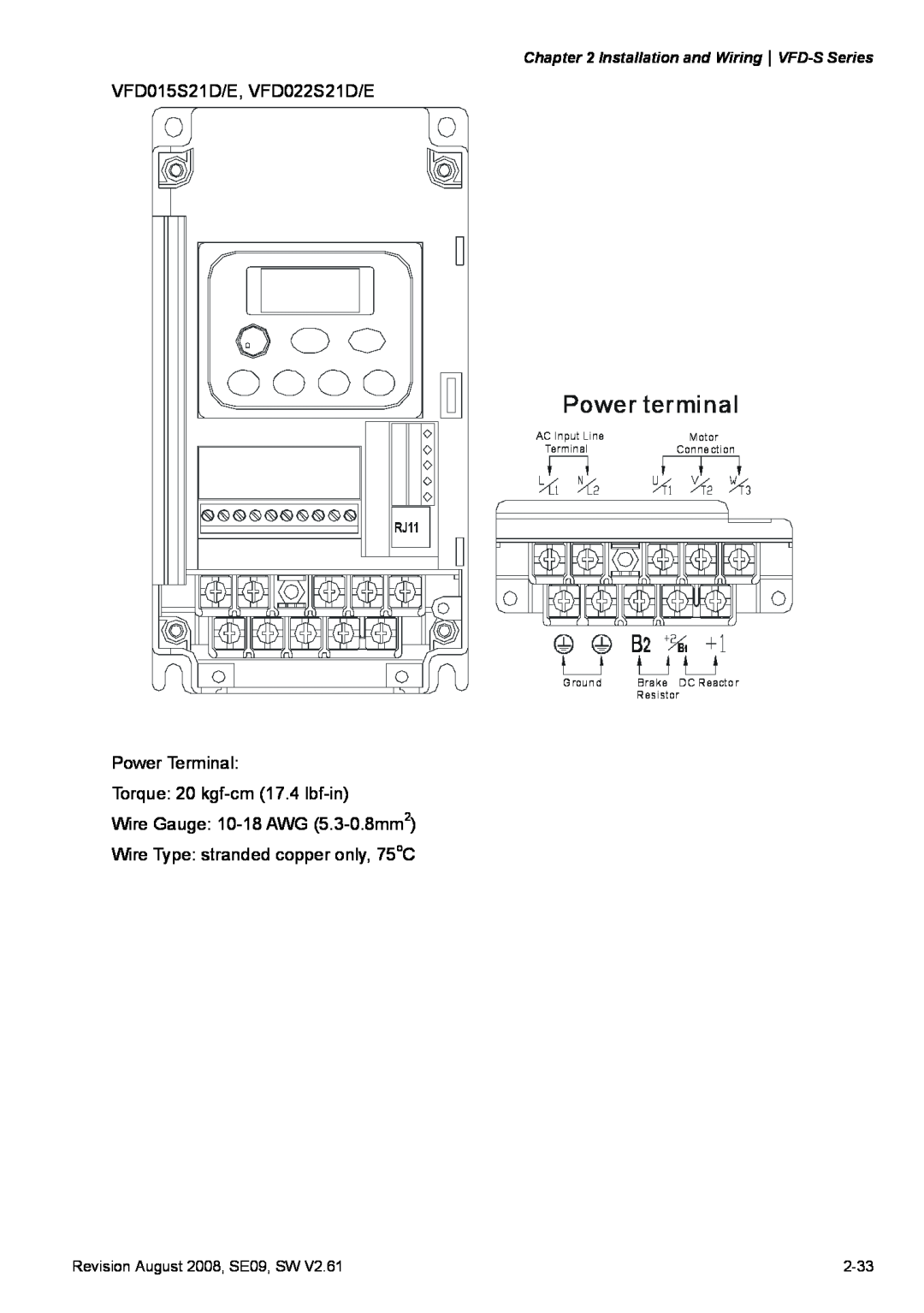 Delta Electronics Power terminal, Installation and WiringVFD-S Series, Revision August 2008, SE09, SW, 2-33, Motor 