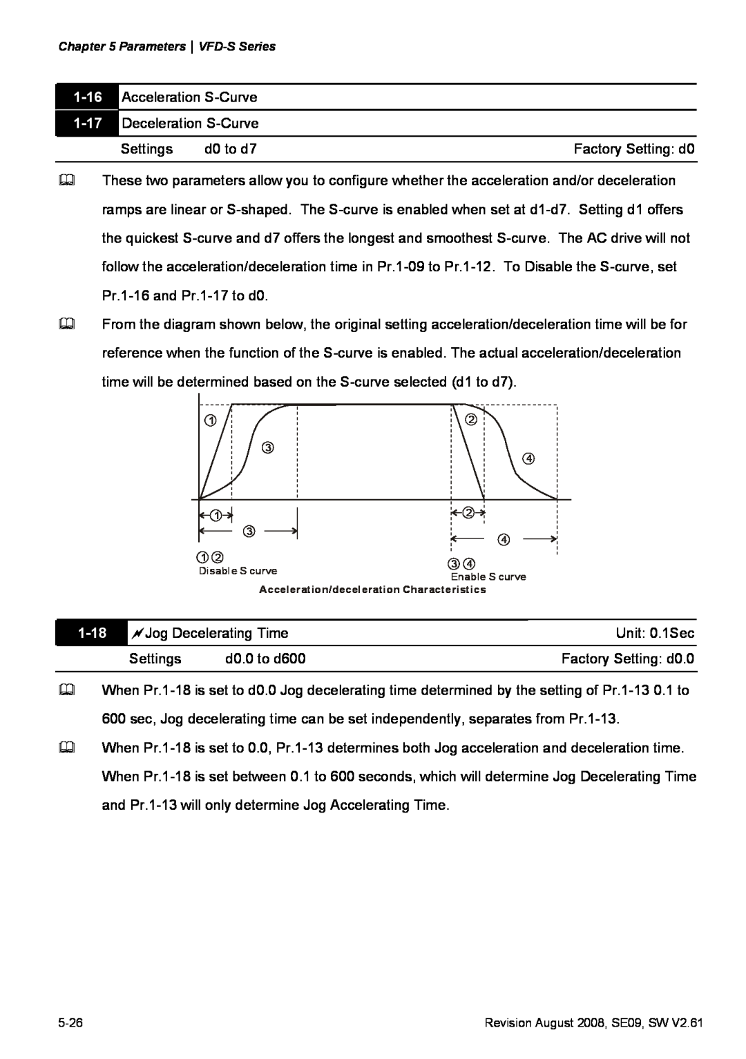 Delta Electronics VFD-S manual 1-18, Disable S curve, Enable S curve, Acceleration/deceleration Characteristics 