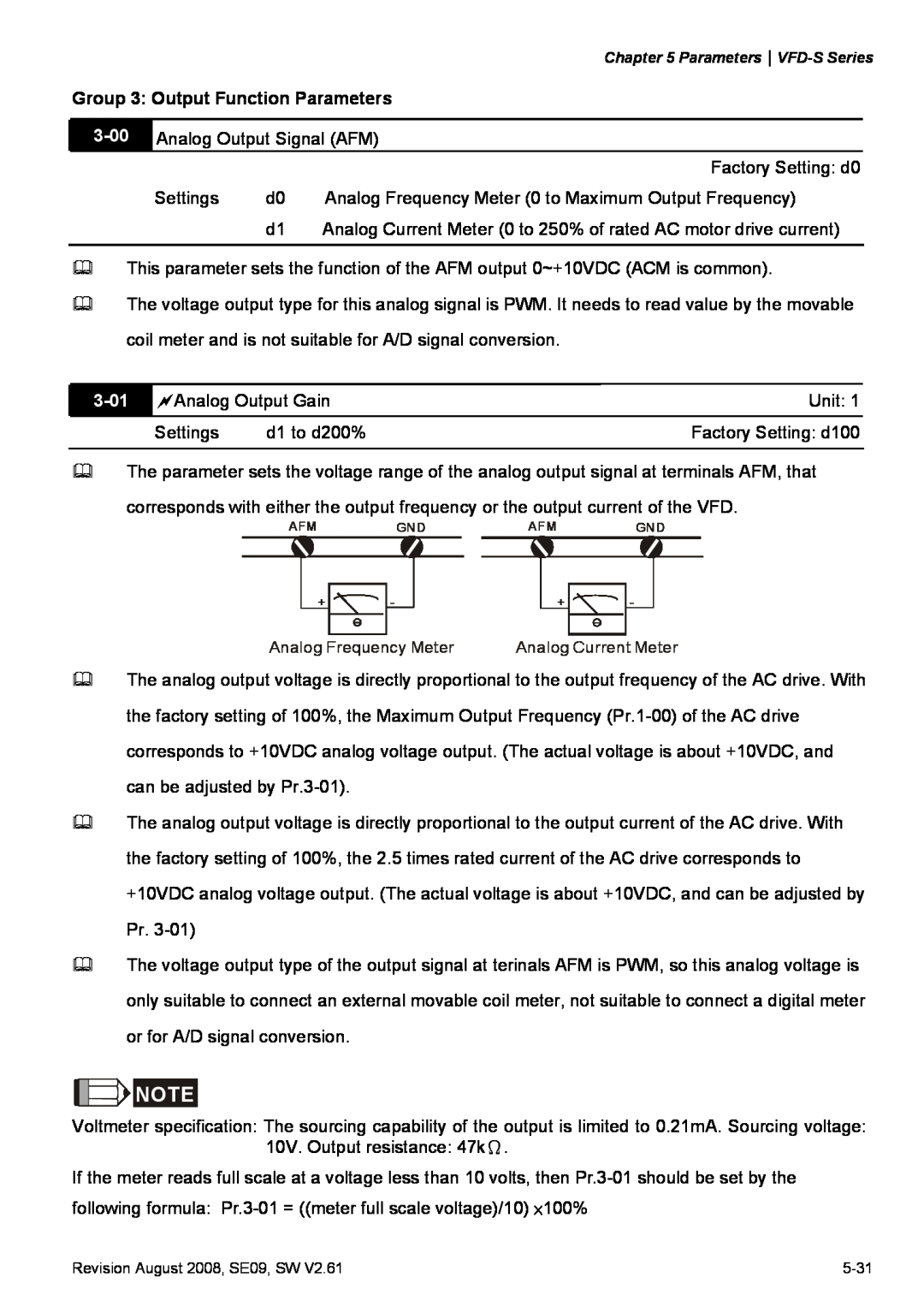 Delta Electronics VFD-S manual Group 3 Output Function Parameters, 3-01, Analog Frequency Meter, Analog Current Meter 