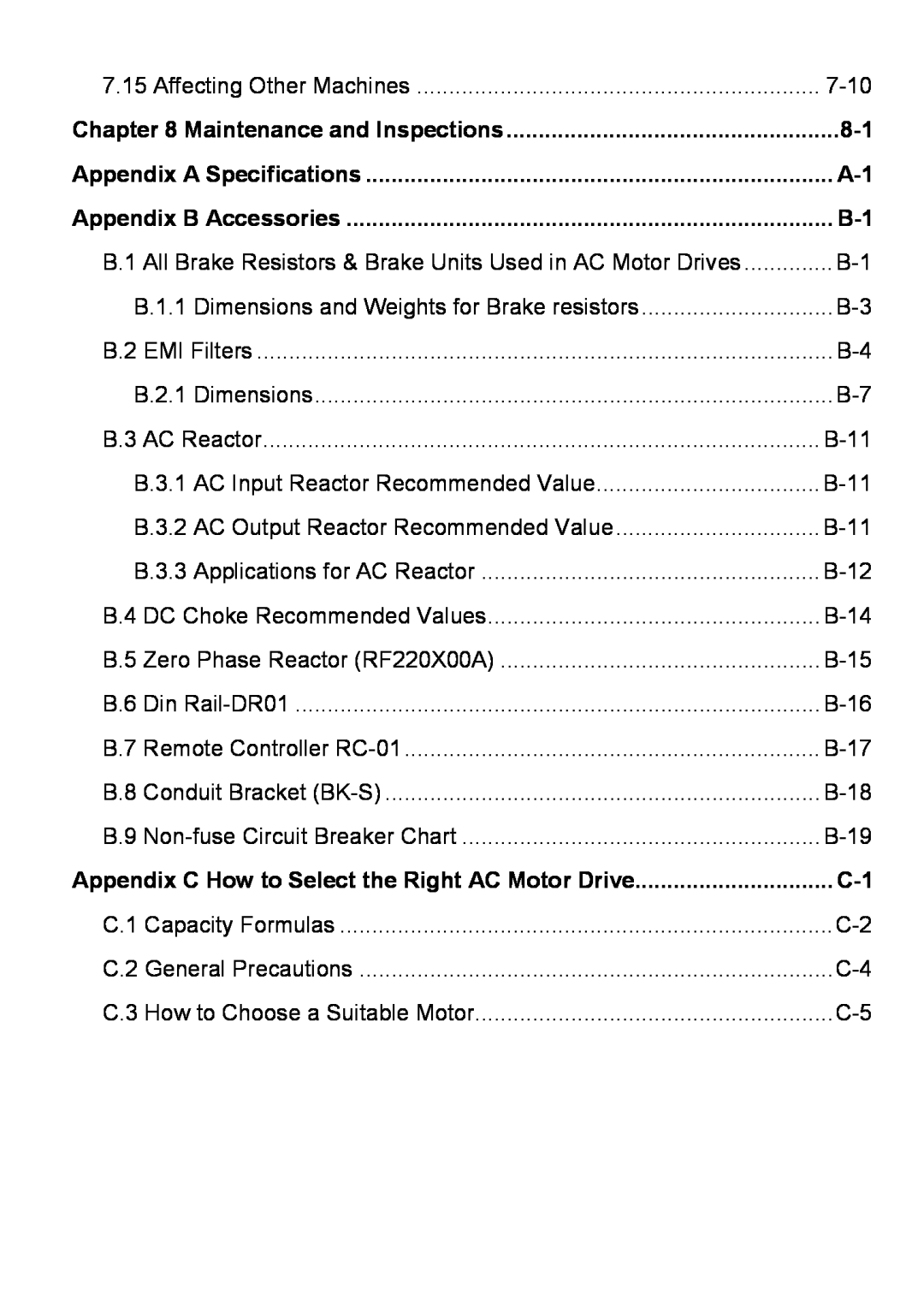 Delta Electronics VFD-S manual Maintenance and Inspections, Appendix A Specifications, Appendix B Accessories 