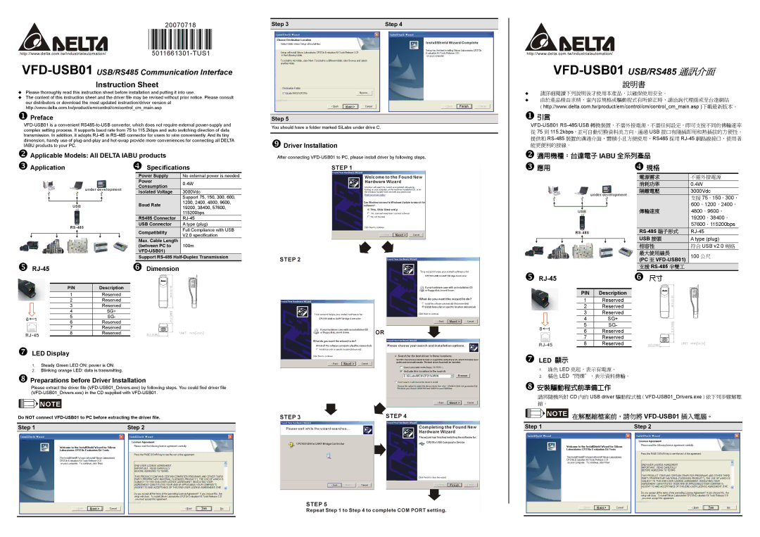 Delta Electronics instruction sheet VFD-USB01 USB/RS485 通訊介面, VFD-USB01USB/RS485 Communication Interface, 說明書 