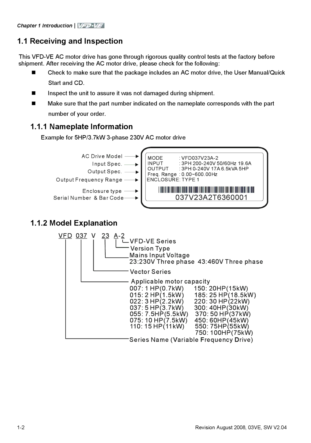 Delta Electronics VFD-VE Series manual Receiving and Inspection, Nameplate Information, Model Explanation 