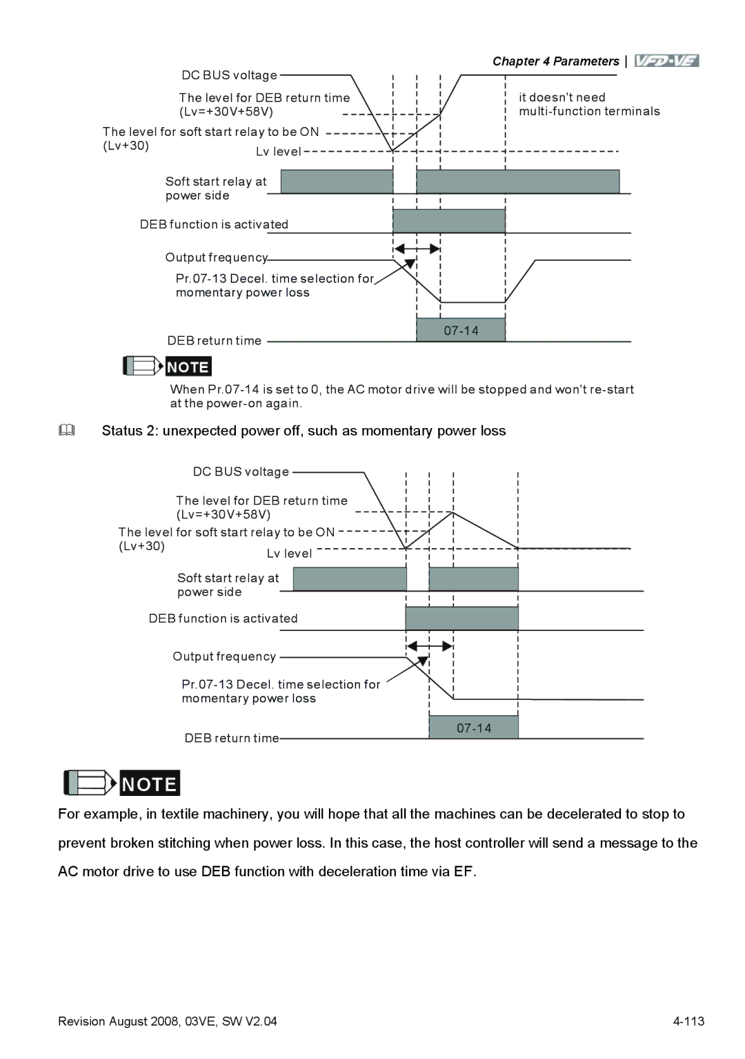 Delta Electronics VFD-VE Series manual Status 2 unexpected power off, such as momentary power loss 