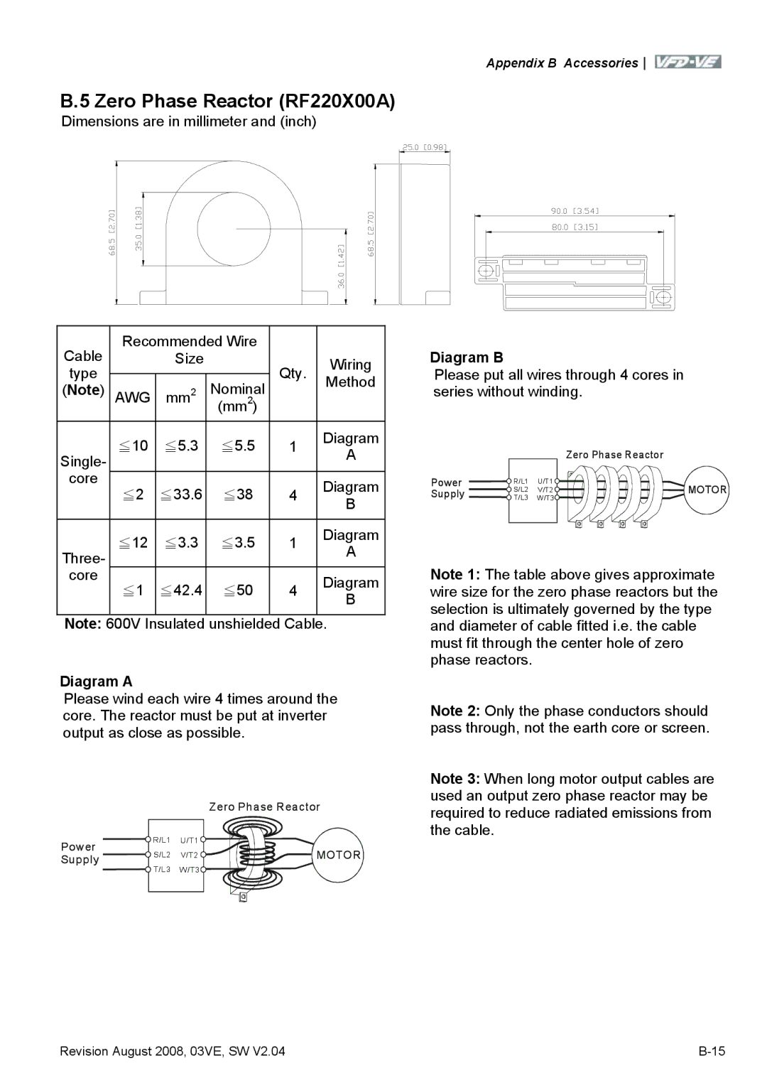 Delta Electronics VFD-VE Series manual Zero Phase Reactor RF220X00A, Nominal Method, Awg, Diagram a, Diagram B 