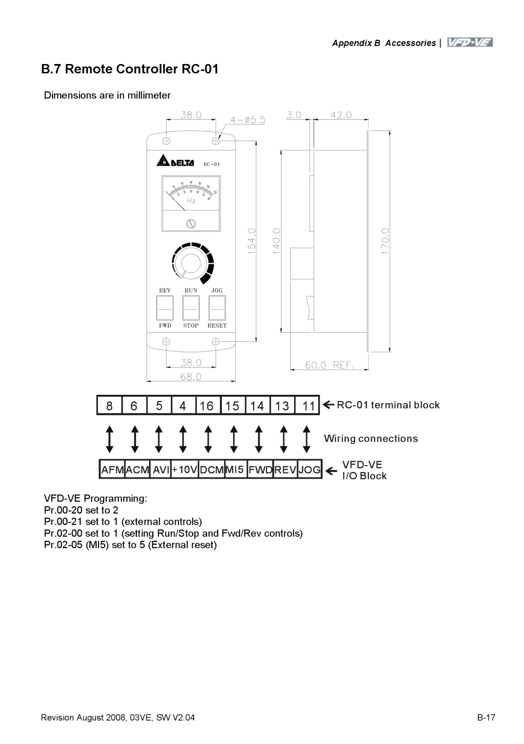 Delta Electronics VFD-VE Series manual Remote Controller RC-01, Afm Acm Avi, +10V, DCM MI5 FWD REV JOG VFD-VE, Block 