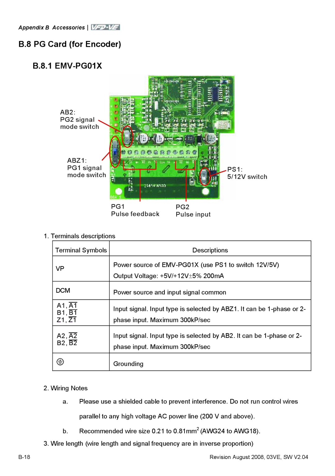 Delta Electronics VFD-VE Series manual PG Card for Encoder EMV-PG01X, ABZ1, PG1 PG2 