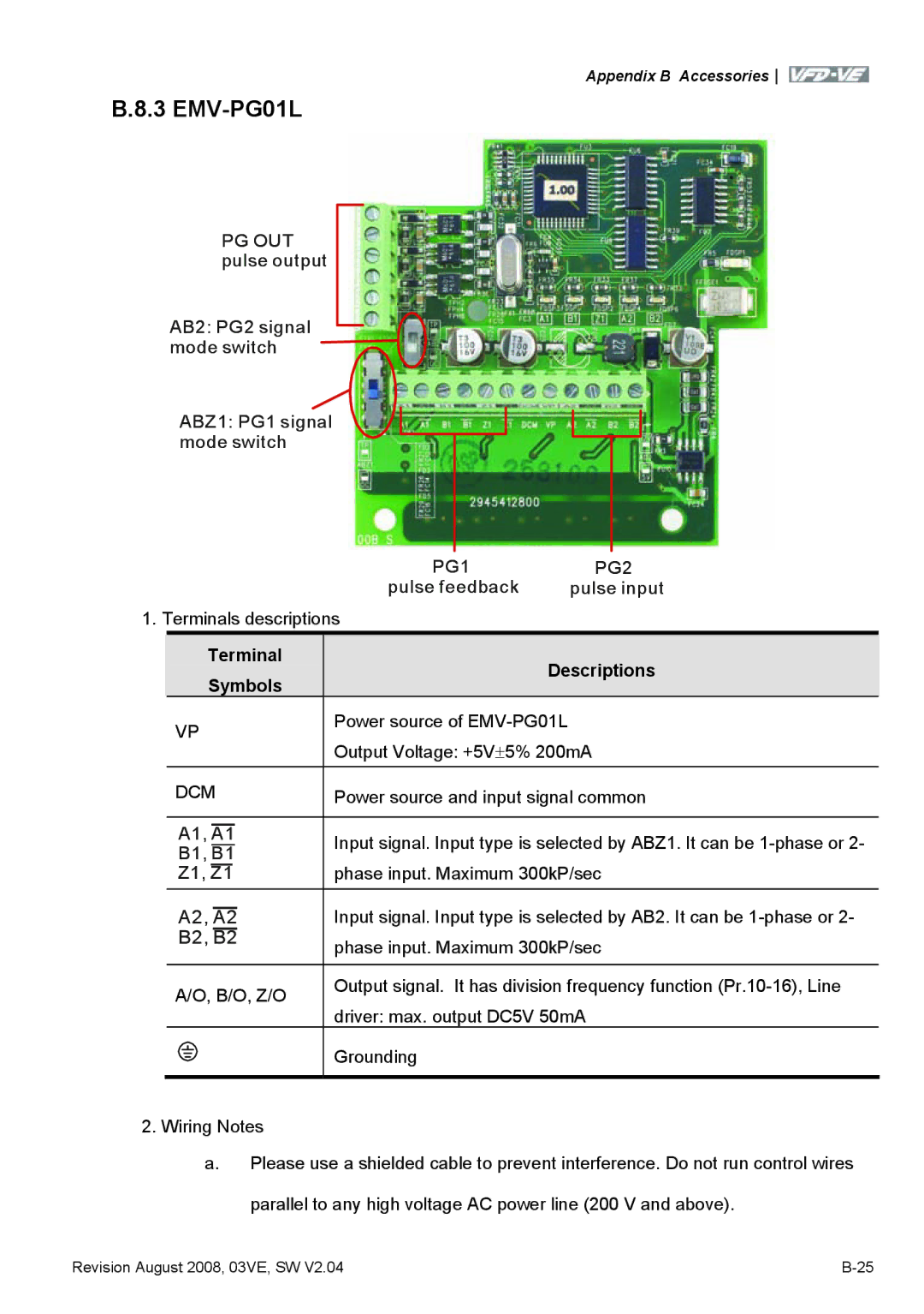 Delta Electronics VFD-VE Series manual Power source of EMV-PG01L, Output Voltage +5V ±5% 200mA 