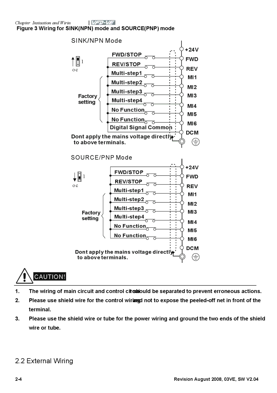 Delta Electronics VFD-VE Series manual External Wiring, FWD REV MI1 MI2 MI3 MI4 MI5 MI6 DCM 