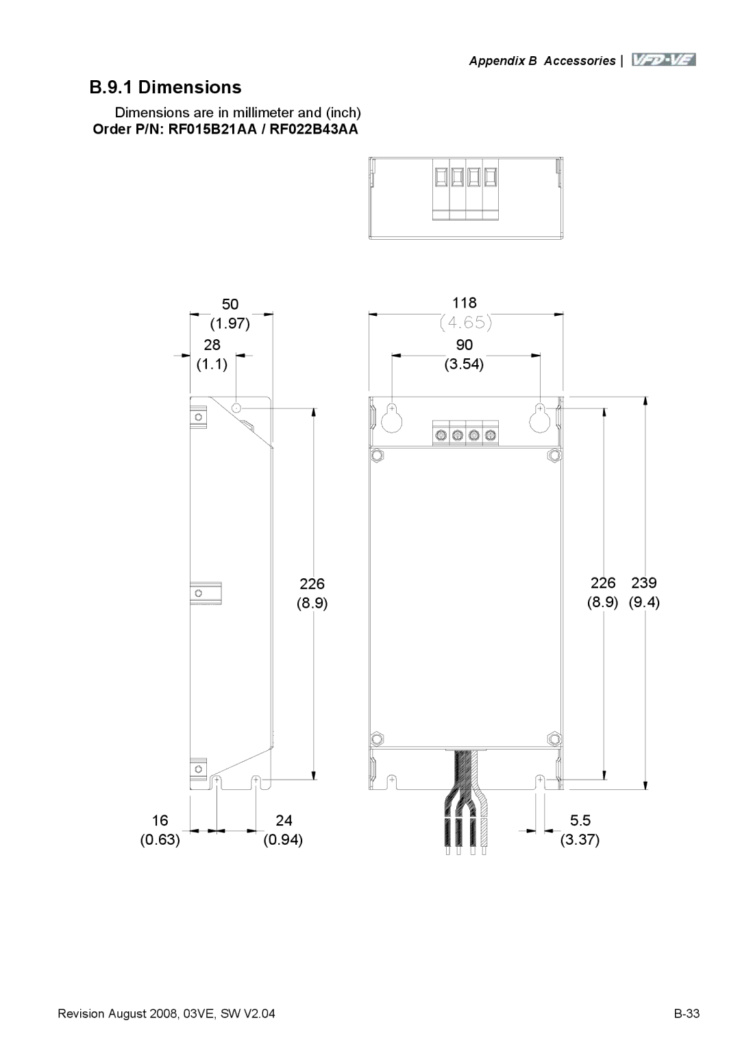 Delta Electronics VFD-VE Series manual Dimensions are in millimeter and inch, Order P/N RF015B21AA / RF022B43AA 